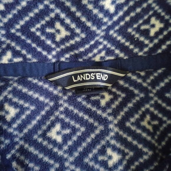 Lands’ End Women’s Medium 1/4 Zip Fleece Pullover Blue White Diamond Pattern - Picture 2 of 7